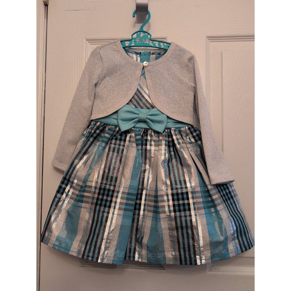 Bonnie Jean Turquoise Silver Plaid Fit & Flare Dress 2T Jacket Shimmer Easter